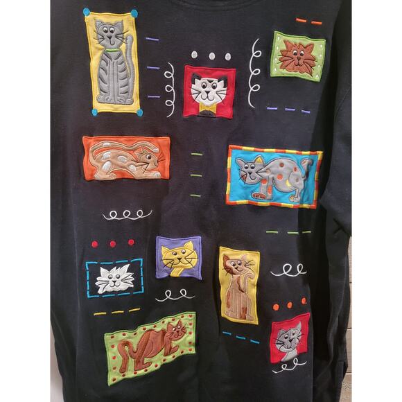 Vintage 80s Bechamel Patchwork Cat Lady XL Womens Black Cotton T-Shirt - Picture 3 of 5